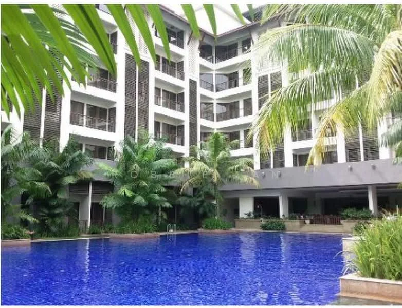 Exterior type: mid-rise condominium; features: swimming pool, landscaped garden with palm trees, manicured lawn, balconies on upper floors, glass railings, outdoor dining area, tropical landscaping, pool deck with loungers; style: modern.
