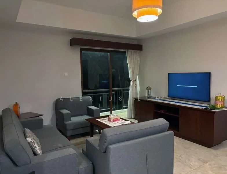 Living features: grey fabric 3-seater sofa, 2 grey armchairs, wood coffee table, TV console, wall-mounted TV, floor-to-ceiling window, sheer curtains, light fixture with pendant, marble tile flooring, decorative wall art; style: modern.