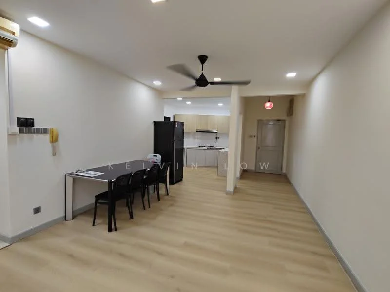Living features: light wood laminate flooring, white painted walls, ceiling fan with light, recessed LED downlights, black dining table, 4 black dining chairs, black refrigerator, open kitchen layout, kitchen cabinetry, kitchen countertop, door to hallway; style: modern.