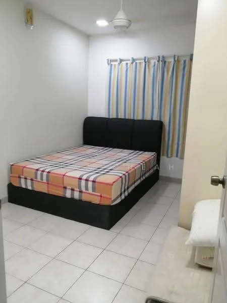 Bedroom features: queen-size bed with black upholstered headboard, plaid patterned bedspread, white painted walls, tile flooring, ceiling fan, curtains with blue and yellow stripes, window with natural light, nightstand, light fixture on ceiling; style: modern.