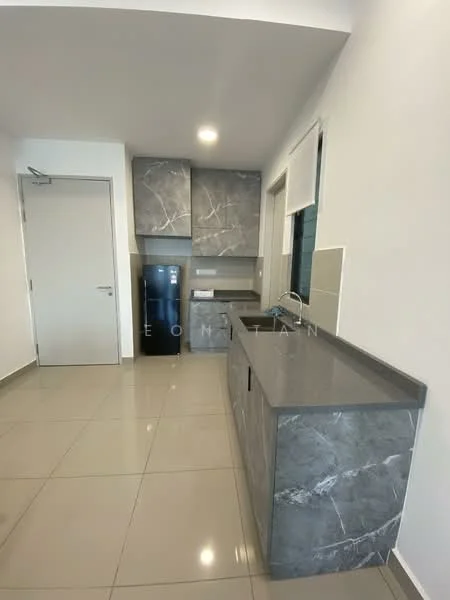Kitchen features: grey marble countertop, grey marble cabinetry, single-bowl stainless-steel sink, chrome pull-down faucet, built-in refrigerator, ceramic tile flooring, white painted walls, window for natural light; style: modern.