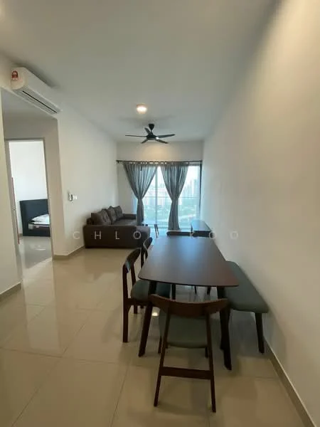 Dining features: 6-seater dining table, wooden dining chairs, green upholstered bench seating, floor-to-ceiling windows, sheer curtains, 5-blade ceiling fan with light, light-colored walls, glossy tile flooring; style: modern; view: city. Living features: 3-seater fabric sofa in brown, decorative cushions, wall-mounted TV, coffee table, light-colored walls, glossy tile flooring; style: modern; view: city.