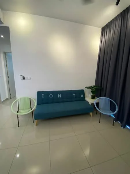 Living features: 3-seater fabric sofa in teal, two accent chairs with transparent backs, white painted walls, grey curtains, tile flooring, ceiling fan, indirect lighting, potted plant; style: modern.