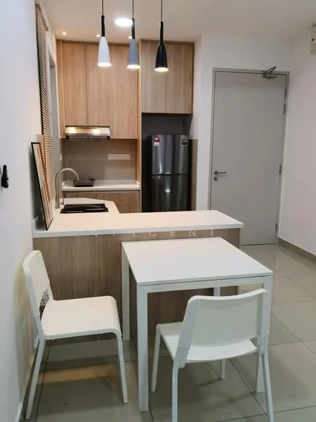 Kitchen features: wood cabinetry, stainless-steel fridge, stainless-steel sink, chrome pull-down faucet, black countertop, built-in oven, 2-burner gas hob, pendant lighting, white walls, grey tile flooring, small dining table, 2 white chairs; style: modern.