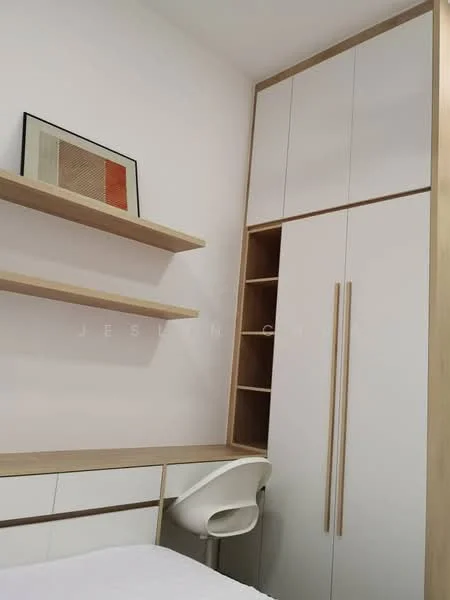 Room features: white painted walls, light wood cabinetry, built-in wardrobe with sliding doors, open shelving, desk with light wood finish, white chair, minimalist decor, neutral color palette; style: modern.