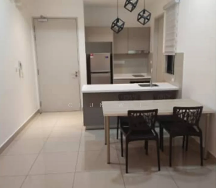Kitchen features: white cabinets, grey countertop, single-bowl stainless-steel sink, chrome pull-down faucet, built-in oven, stainless-steel fridge, 4-burner gas hob, pendant lighting, tile flooring, window with blinds, dining table for two, black dining chairs; style: modern.