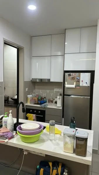 Kitchen features: white high-gloss cabinetry, stainless-steel fridge, built-in oven, 4-burner gas hob, black sink, chrome pull-down faucet, grey countertop, tile backsplash, open shelving, kitchen island, various kitchen containers, cleaning supplies, appliances visible in background; style: modern.