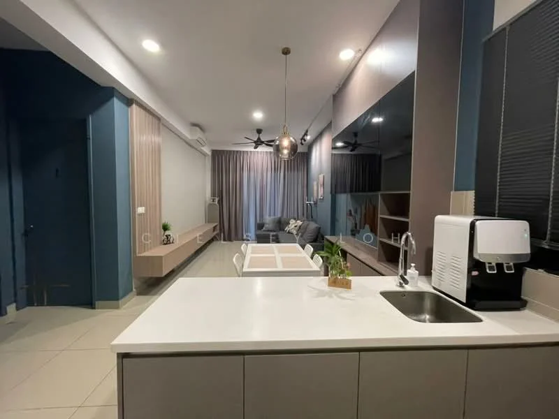 Kitchen features: white countertop, stainless-steel sink, chrome pull-down faucet, built-in cabinetry with grey finish, open shelving, pendant light, recessed downlights, tile flooring, island with seating, wall-mounted air conditioning unit; style: modern. Living features: sofa in grey fabric, coffee table, TV console, wall-mounted TV, curtains, decorative wall art, area rug, ceiling fan; style: modern.