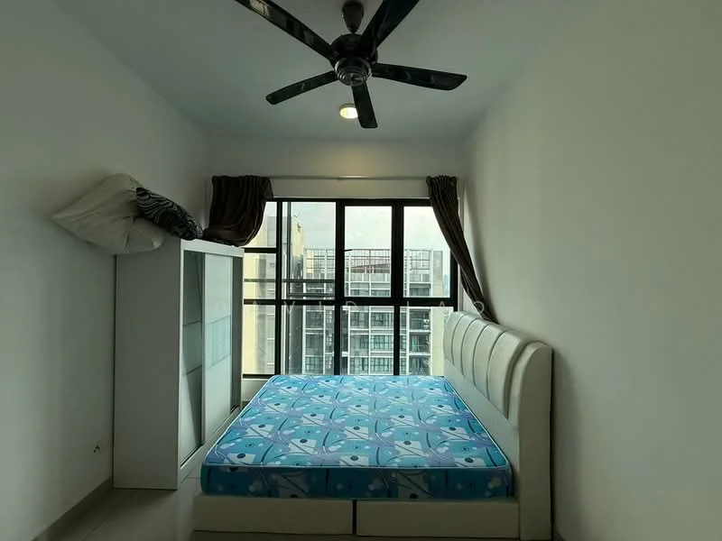 Bedroom features: queen-size bed with upholstered headboard, blue patterned mattress, floor-to-ceiling windows, blackout curtains, ceiling fan, white painted walls, light fixture, built-in wardrobe, decorative pillows; style: modern; view: city.