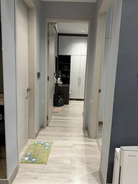Hallway features: light grey painted walls, laminate flooring, recessed downlights, air conditioning unit, mirror on wall, door leading to other rooms, decorative mat, built-in cabinetry at end of hallway; style: modern.