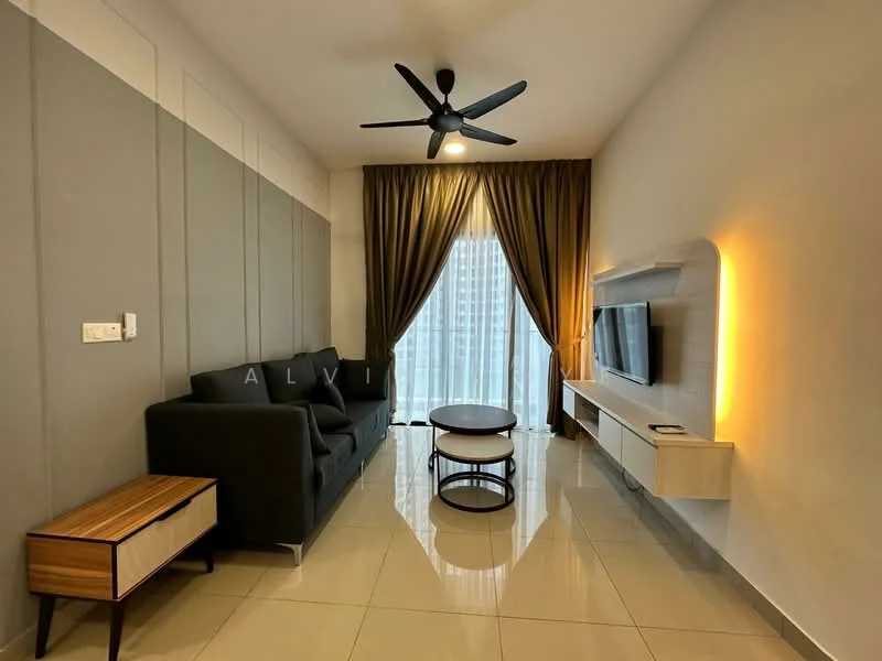 Living features: 3-seater fabric sofa in dark grey, round coffee table, wall-mounted TV, TV console with storage, floor-to-ceiling windows, sheer curtains, dark brown curtain drapes, ceiling fan with light, polished tile flooring, accent wall with grey panels, decorative wall lighting; style: modern; view: city.
