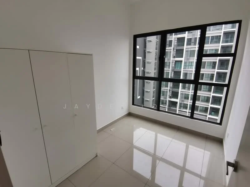 Room features: white painted walls, large floor-to-ceiling windows, grey tiled flooring, built-in wardrobe with white finish, natural light from windows, minimalist design; style: modern; view: city.