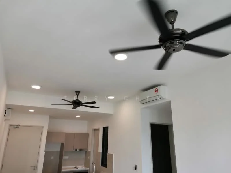 Room features: 2 ceiling fans, recessed LED downlights, white painted walls, kitchen cabinetry, kitchen countertop, open layout, air conditioning unit, doorway, window, flooring not visible; style: modern.