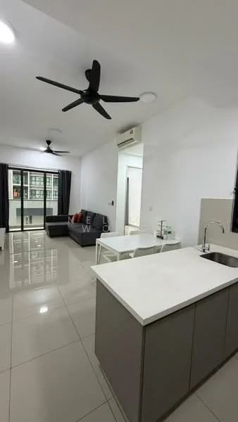 Living features: grey fabric sofa, white dining table, white dining chairs, 5-blade ceiling fan with light, floor-to-ceiling windows, blackout curtains, polished ceramic tile flooring, kitchen island with white countertop, kitchen cabinetry in grey, recessed downlights; style: modern; view: city. Room features: white walls, air conditioning unit.