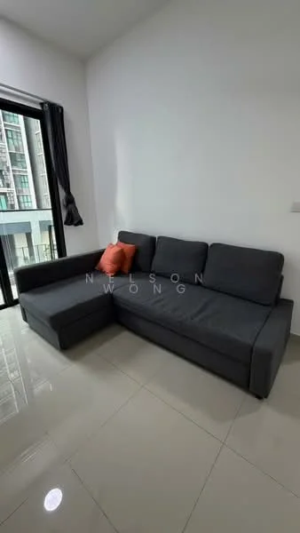 Living features: L-shape sectional sofa in grey, orange accent cushion, floor-to-ceiling windows, blackout curtains, glossy tile flooring, white painted walls, recessed downlights; style: modern.