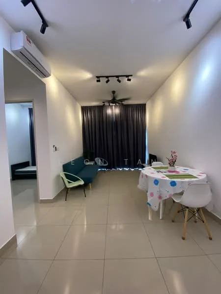 Living features: white painted walls, grey tiled flooring, 5-blade ceiling fan with light, recessed LED downlights, floor-to-ceiling windows with sheer curtains, green accent chair, round dining table with polka dot tablecloth, white dining chairs, dark curtain, air conditioning unit on wall; style: modern.