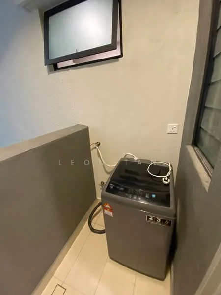 Laundry features: top-load washing machine, grey appliance, plumbing connections, window with glass pane, light-colored tiled flooring, painted walls, corner layout.