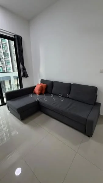 Living features: L-shape sectional sofa in grey, orange accent cushion, floor-to-ceiling windows, blackout curtains, glossy ceramic tile flooring, white painted walls, recessed downlights; style: modern; view: city.