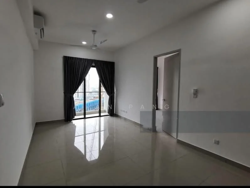 Living features: white painted walls, grey tiled flooring, 5-blade ceiling fan with light, floor-to-ceiling windows, sliding glass door, blackout curtains, natural light from windows, neutral color palette; style: modern; view: city.