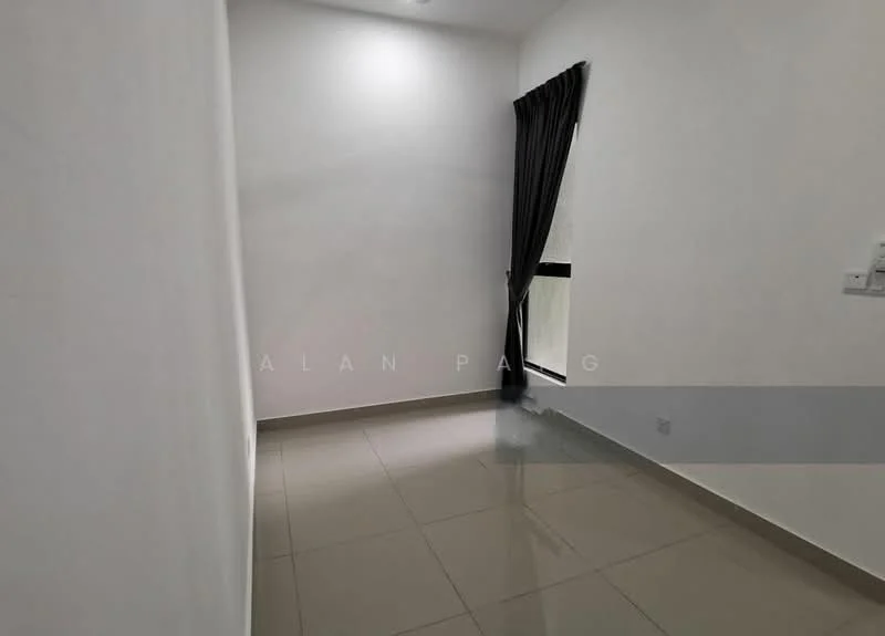 Room features: white painted walls, grey floor tiles, floor-to-ceiling window, blackout curtains, recessed lighting, minimalist design; style: modern.
