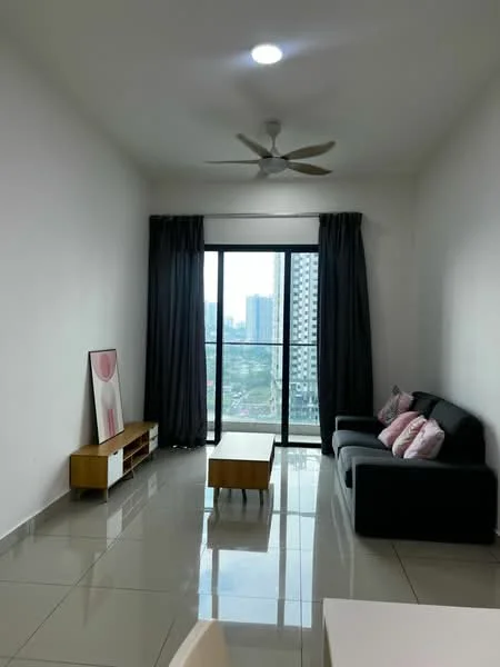 Living features: grey fabric sofa, 2 pink decorative cushions, wooden coffee table, TV console, floor-to-ceiling windows, blackout curtains, white painted walls, glossy tile flooring, ceiling fan with light, city view; style: modern; view: city.