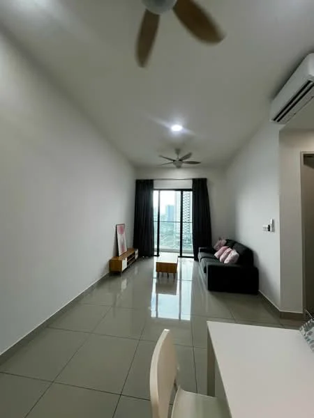 Living features: grey 3-seater fabric sofa, wooden coffee table, TV console, floor-to-ceiling windows, blackout curtains, 5-blade ceiling fan, wall-mounted air conditioning unit, glossy ceramic tile flooring, white painted walls, decorative wall art; style: modern; view: city.