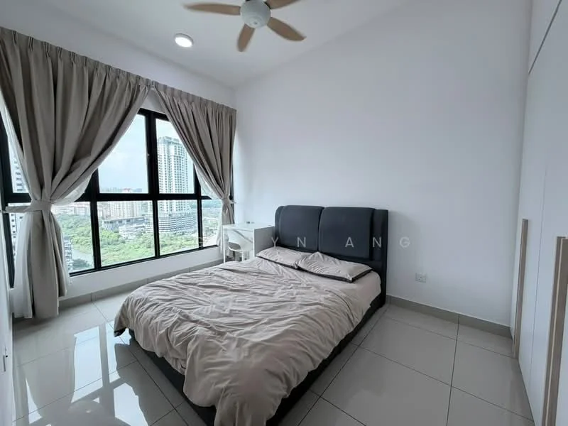 Bedroom features: king-size bed with grey upholstered headboard, bedding in neutral tones, white walls, floor-to-ceiling windows, curtains in light beige, ceiling fan with light, tile flooring, nightstand in white, view of city skyline; style: modern; view: city.