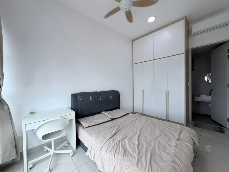 Bedroom features: queen-size bed with grey upholstered headboard, white bedding, white walls, sliding mirror wardrobe, desk with white chair, ceiling fan, recessed downlights, floor-to-ceiling window with sheer curtains, tile flooring, air conditioning unit; style: modern.
