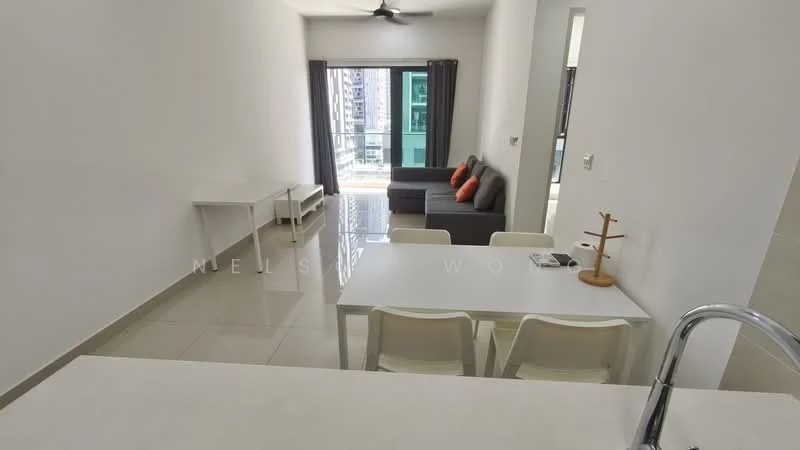 Living features: grey fabric sofa, 3-seater sofa, white dining table, 4 white dining chairs, floor-to-ceiling windows, sliding glass door, light-colored tiled flooring, ceiling fan, decorative wall with no visible features, curtains, natural light from balcony, wall-mounted decor, open layout; style: modern; view: city.