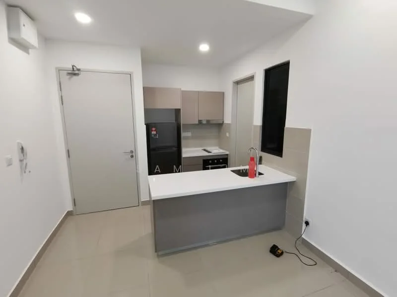 Kitchen features: white painted walls, light grey cabinetry, stainless-steel fridge, built-in oven, 4-burner gas hob, single-bowl stainless-steel sink, chrome pull-down faucet, white countertop, tile backsplash, recessed downlights, floor tiles, window with black frame; style: modern.