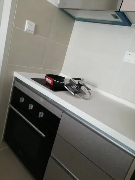 Kitchen features: stainless-steel oven, black cooktop, white countertop, grey cabinetry, wall-mounted cabinets, tile backsplash, light-colored wall tiles, kitchen utensils; style: modern.