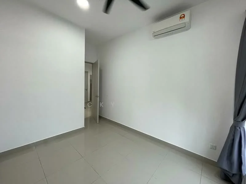 Room features: white painted walls, grey tiled flooring, 1 wall-mounted split AC, ceiling fan, door leading to another room, curtains on window, neutral color scheme, no visible furniture; style: modern.