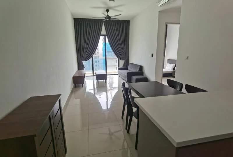 Living features: grey fabric sofa, coffee table, dining table with black chairs, floor-to-ceiling windows, curtains, ceiling fan, polished tile flooring, wall-mounted TV, sideboard, natural light; style: modern; view: city. Room features: white painted walls, light from windows.