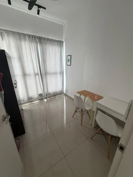Room features: white painted walls, glossy tile flooring, floor-to-ceiling windows, sheer curtains, small wooden table, two white chairs, framed artwork on wall, recessed ceiling lights; style: modern.