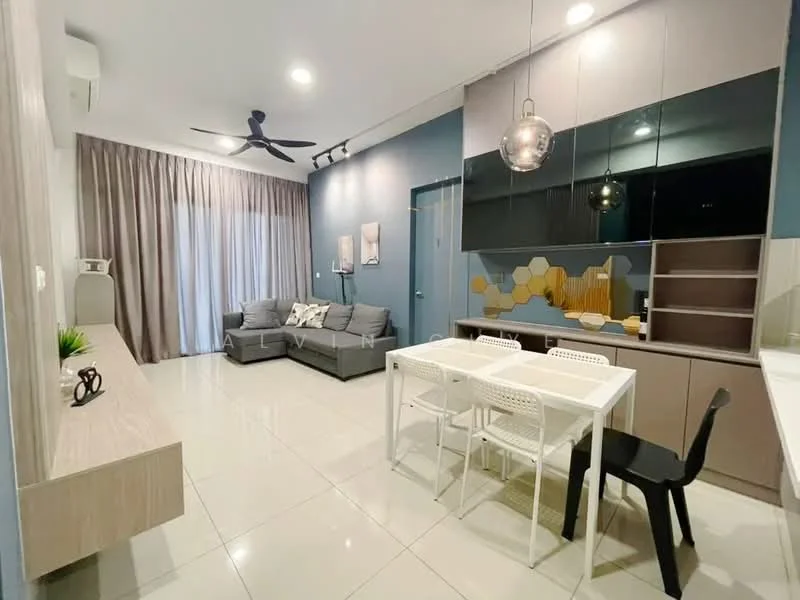 Living features: grey fabric sofa, 2-seater sofa, ceiling fan, recessed downlights, wall-mounted TV, light wood TV console, white dining table with 4 chairs, black chair, large window with sheer curtains, blue accent wall, white tiled flooring, decorative wall art, built-in cabinetry with glass doors; style: modern.