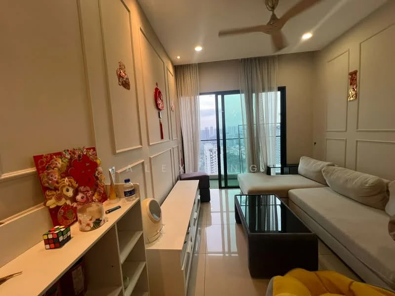 Living features: light grey sectional sofa, black coffee table, white TV console, wall-mounted TV, floor-to-ceiling windows, curtains, ceiling fan, decorative wall panels, area rug, decorative artwork, potted plant, cube puzzle, water bottle; style: modern; view: city.