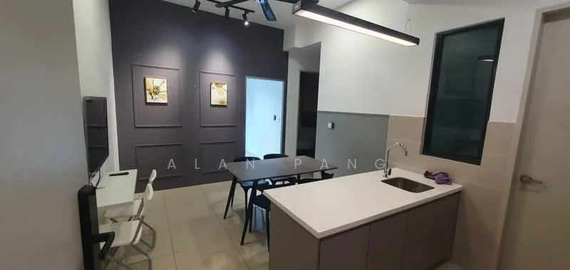 Dining features: rectangular dining table, 4 dining chairs, white countertop, grey cabinetry, single-bowl stainless-steel sink, chrome pull-down faucet, wall-mounted TV, grey accent wall with artwork, tile flooring, recessed downlights, large window, open layout; style: modern.
