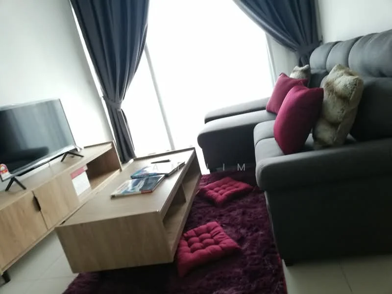 Living features: grey fabric sectional sofa, pink accent pillows, wooden coffee table, TV console, wall-mounted TV, area rug with geometric pattern in burgundy, floor-to-ceiling windows, sheer curtains, decorative cushions; style: modern.