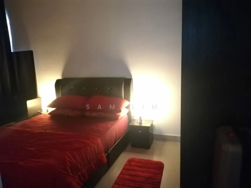 Bedroom features: king-size bed with upholstered headboard, red bedding, two bedside tables, table lamps on bedside tables, wall-mounted TV, grey accent wall, tile flooring, area rug in front of bed, window with blackout curtains, heater unit; style: modern.