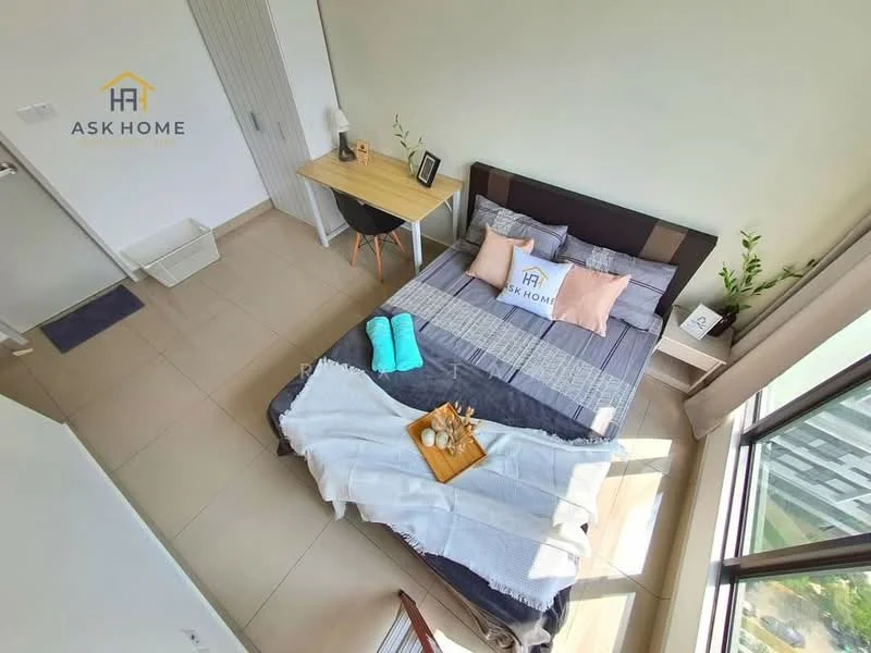 Bedroom features: king-size bed with upholstered headboard, grey bedding with decorative pillows, wooden study desk, chair, floor-to-ceiling windows, curtains, light-colored tiled flooring, decorative wall art, nightstand, table lamp; style: modern; view: city.
