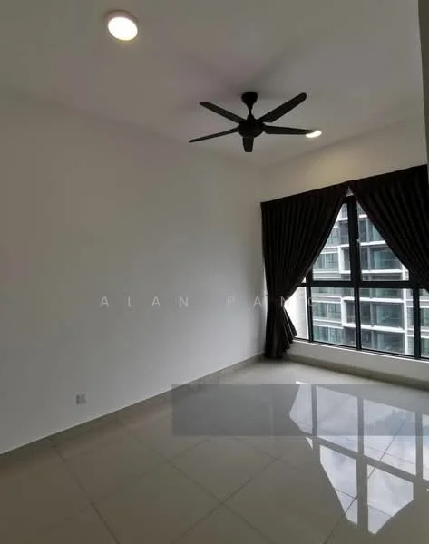 Room features: white painted walls, grey tiled flooring, 5-blade ceiling fan, floor-to-ceiling windows, blackout curtains; style: modern; view: city.