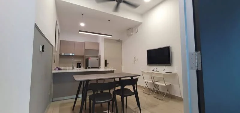 Dining features: 4-seater dining table, black dining chairs, kitchen island with countertop, stainless-steel fridge, built-in kitchen cabinetry, recessed ceiling lights, 5-blade ceiling fan, wall-mounted TV, light-colored walls, tile flooring; style: modern.