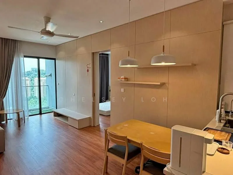 Living features: wooden flooring, floor-to-ceiling windows, sliding glass door, sheer curtains, 5-blade ceiling fan, recessed downlights, light wood panelled walls, dining table with 2 chairs, bench seating, open layout, view of city skyline; style: modern; view: city.