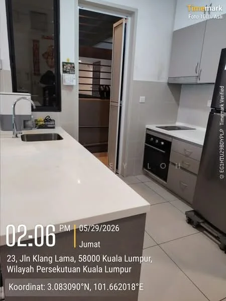 Kitchen features: white cabinetry, grey countertop, stainless-steel sink, chrome pull-down faucet, built-in oven, freestanding range oven, ceramic tile flooring, wall-mounted cabinets, recessed downlights, open shelving, tile backsplash; style: modern.