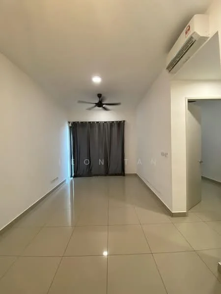 Room features: white painted walls, glossy ceramic tile flooring, ceiling fan, curtains, doorway, air conditioning unit; style: modern.
