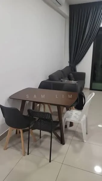 Dining features: rectangular wooden dining table, 4 dining chairs, grey fabric sofa, white walls, floor-to-ceiling windows, curtains, ceramic tile flooring, air conditioning unit; style: modern.