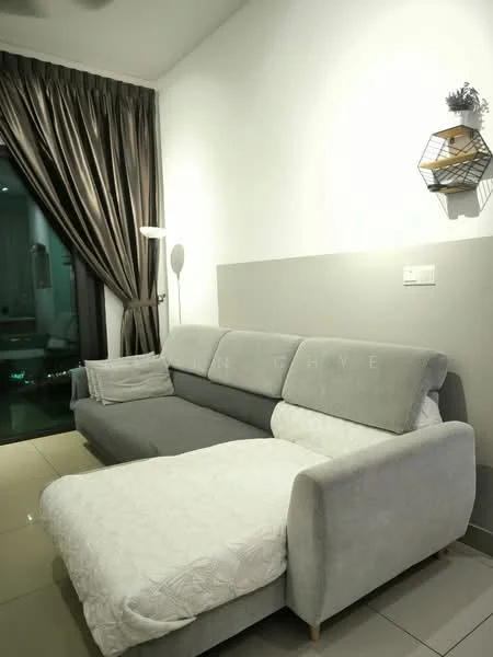Living features: grey fabric L-shape sectional sofa, white throw blanket on sofa, cream painted walls, grey accent wall, floor-to-ceiling windows, dark brown curtains, laminate flooring, wall-mounted decorative shelf, table lamp, decorative plant on shelf; style: modern; view: city.