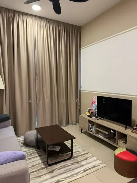 Living features: 3-seater fabric sofa in grey, coffee table in dark wood, TV console in light wood, wall-mounted TV, area rug with striped pattern, floor-to-ceiling curtains in beige, ceiling fan with light, decorative items on TV console, light-colored wall, tile flooring; style: modern.