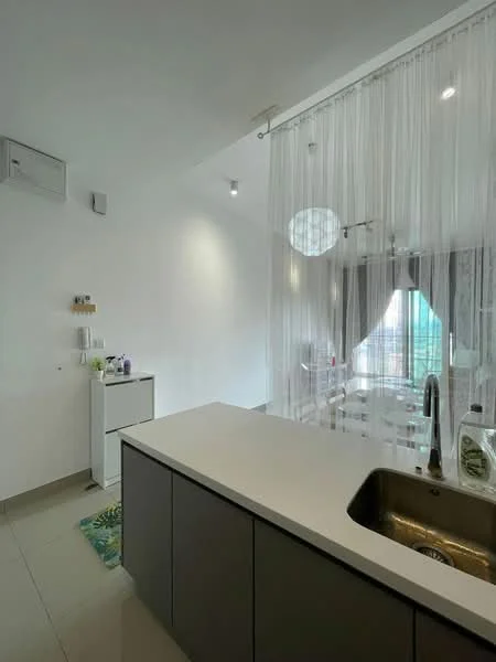 Kitchen features: white walls, light grey cabinetry, marble countertop, single-bowl stainless-steel sink, chrome pull-down faucet, recessed LED downlights, floor-to-ceiling windows, sheer curtains, tile flooring, decorative rug; style: modern.