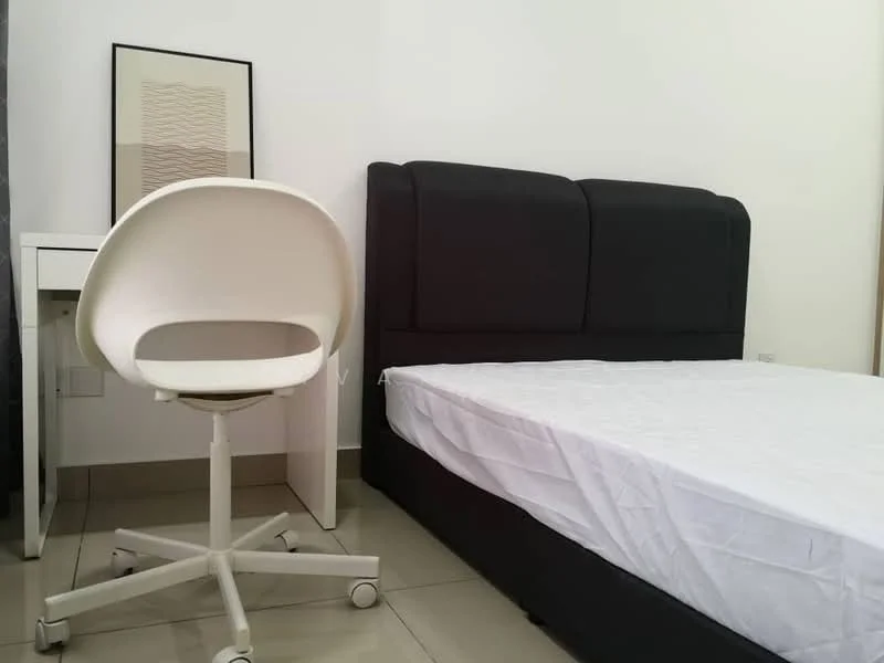 Bedroom features: king-size bed with upholstered headboard, white bed linens, white desk with chair, rolling office chair, grey curtains, tile flooring, white walls; style: modern.